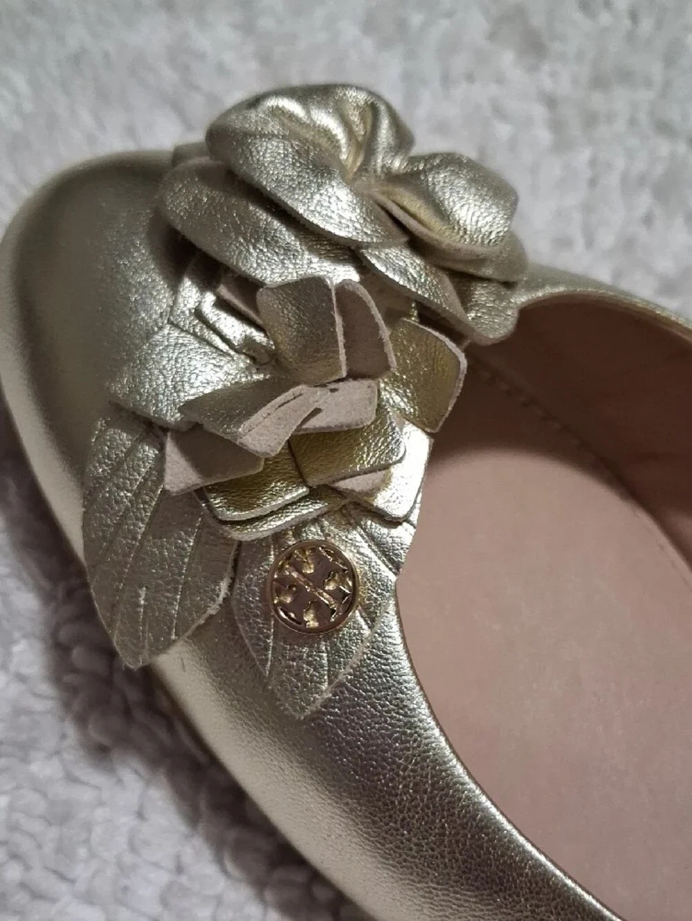 Tory Burch Metallic Gold Floral Leather Ballet Flats